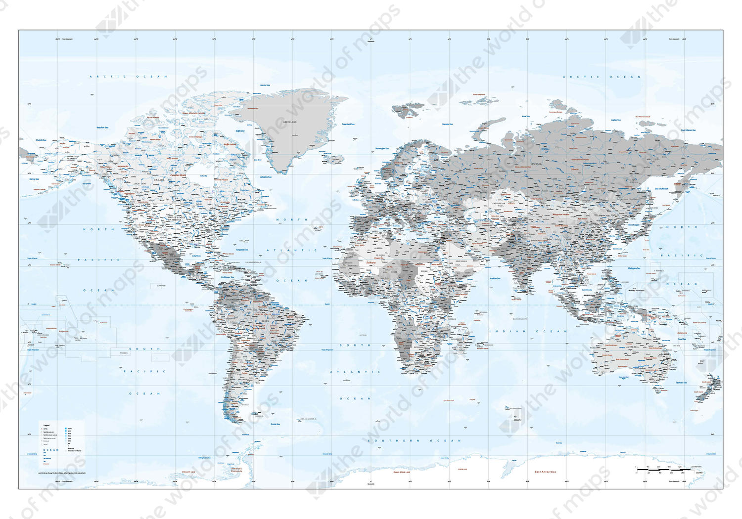 Digital World Map XXL Silver with relief