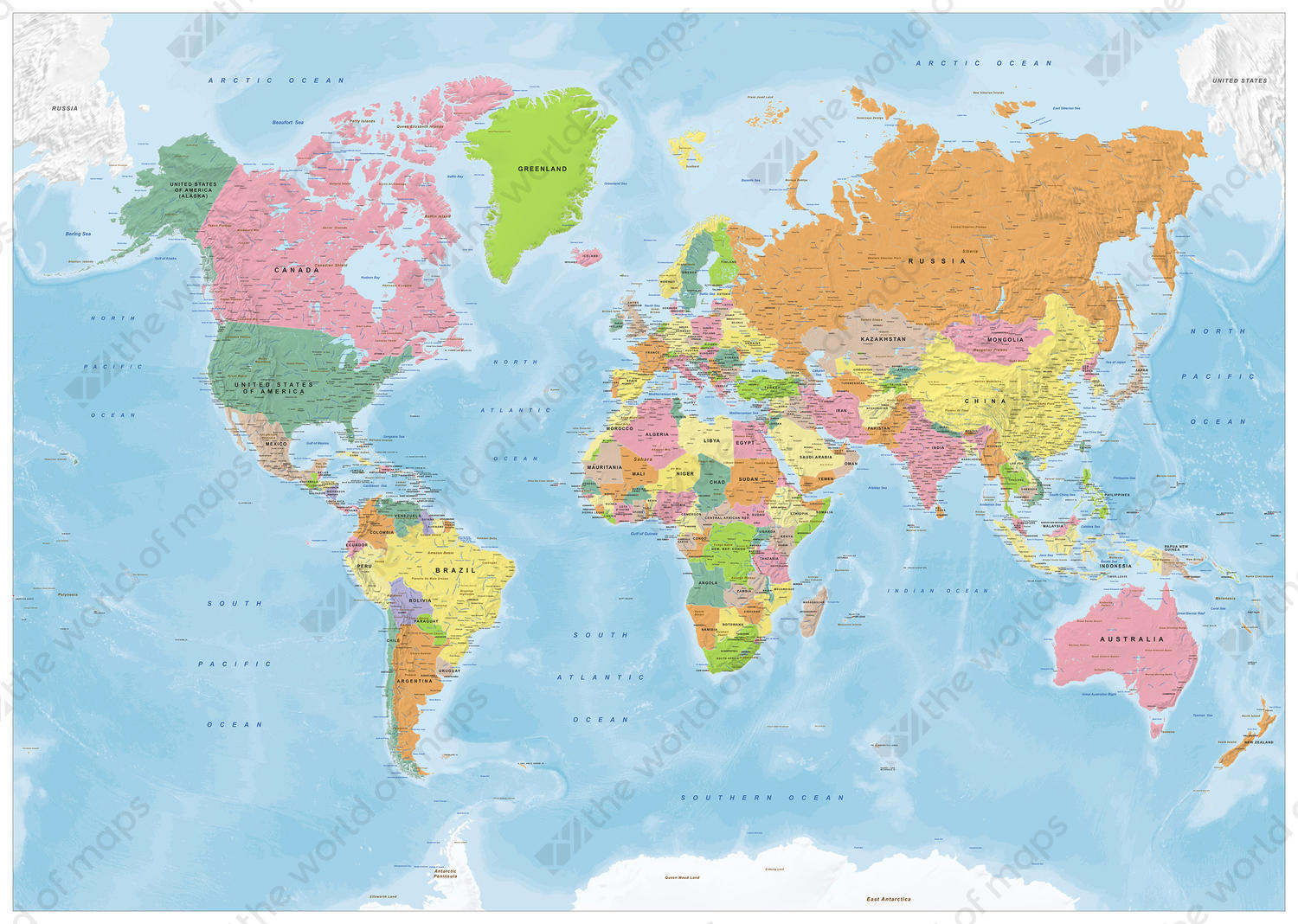 Digital political world map with many details