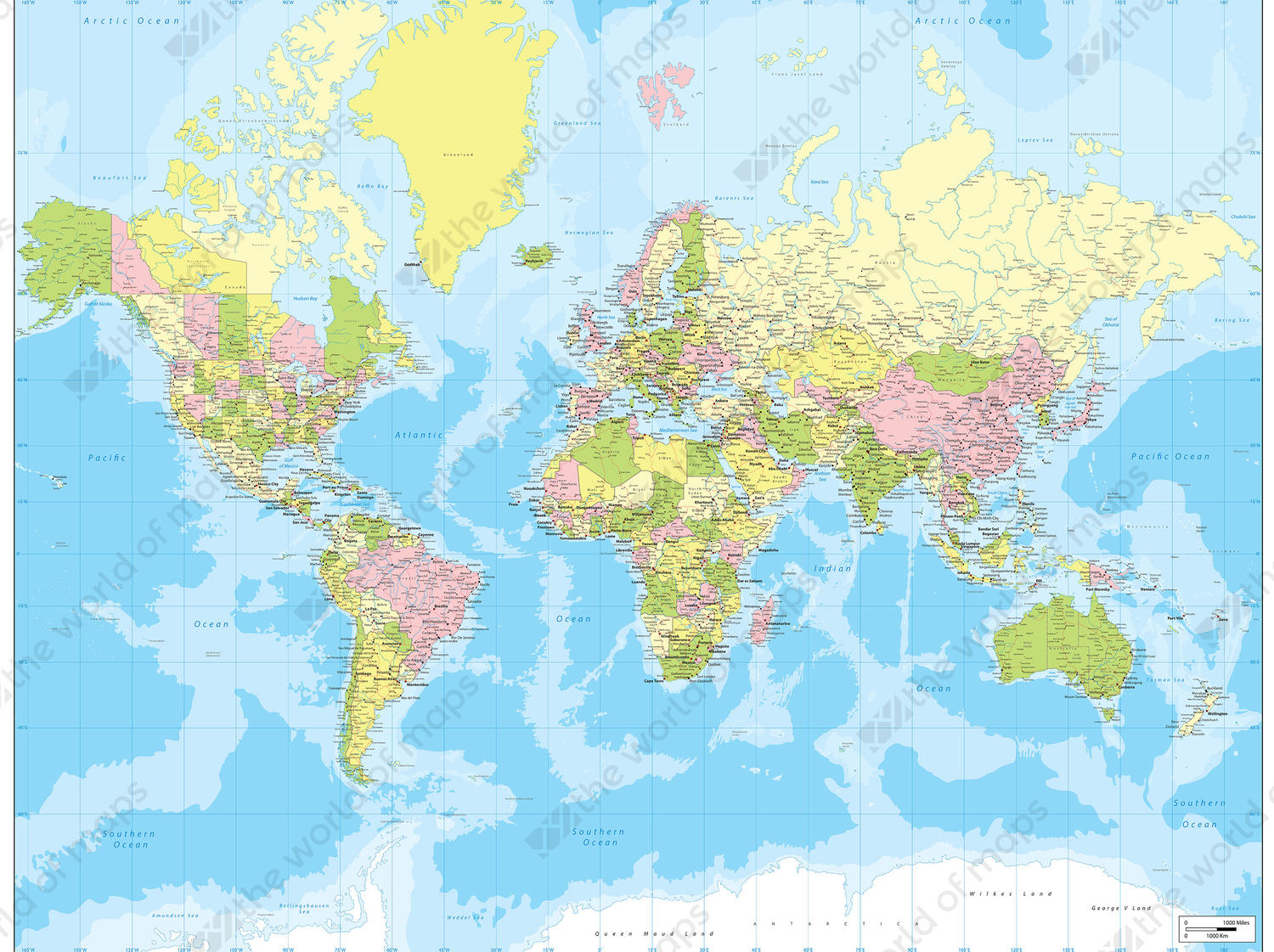 Digital world map political with bright colors