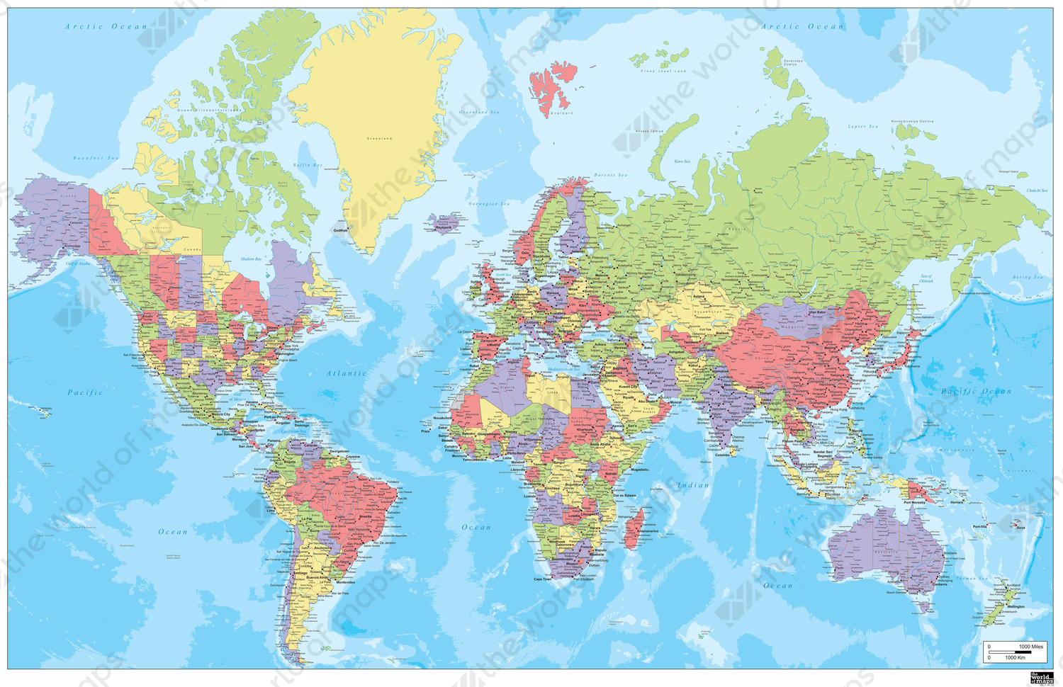 Political world map with many cities