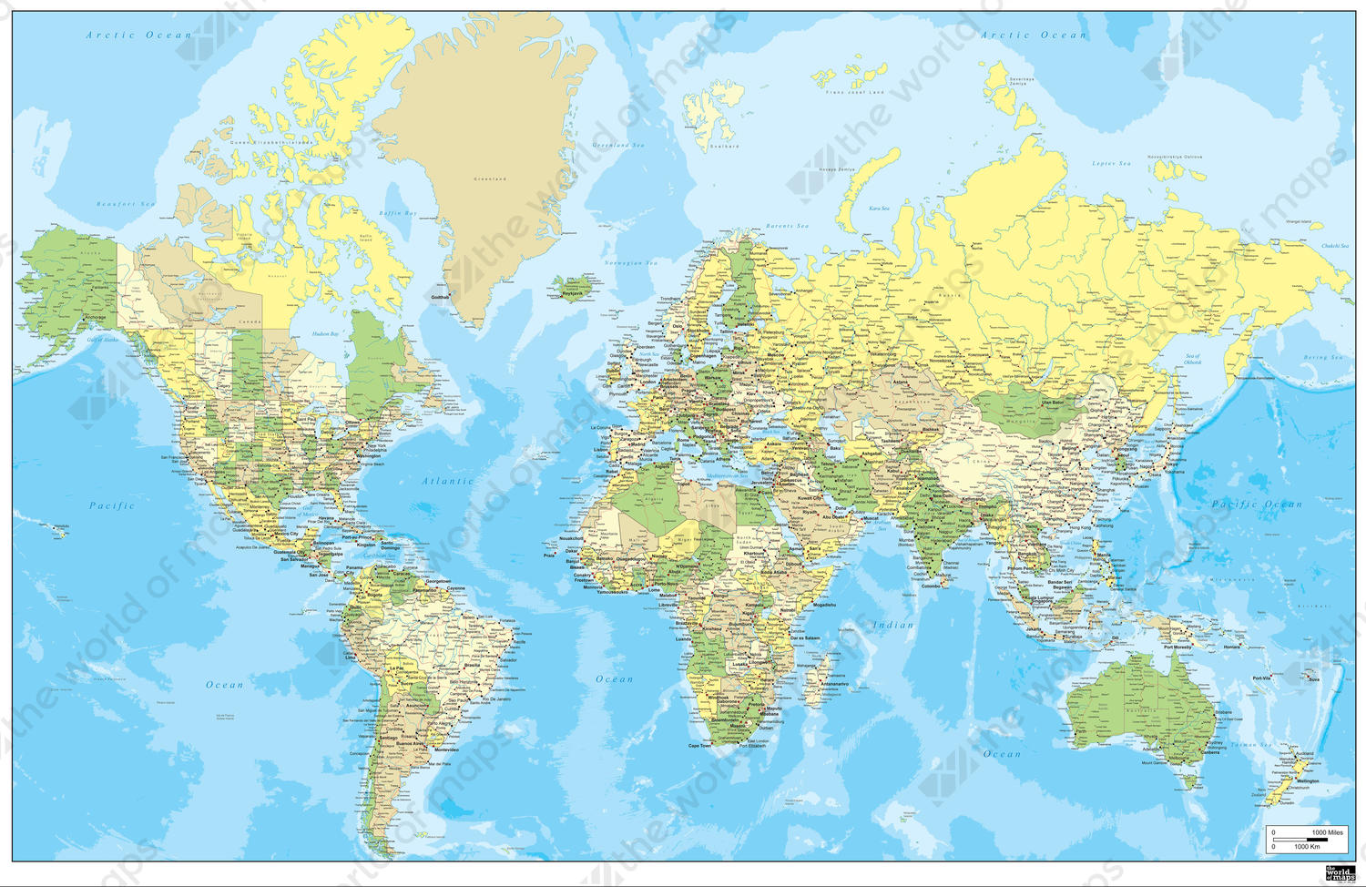 Political world map in green, yellow and beige tones