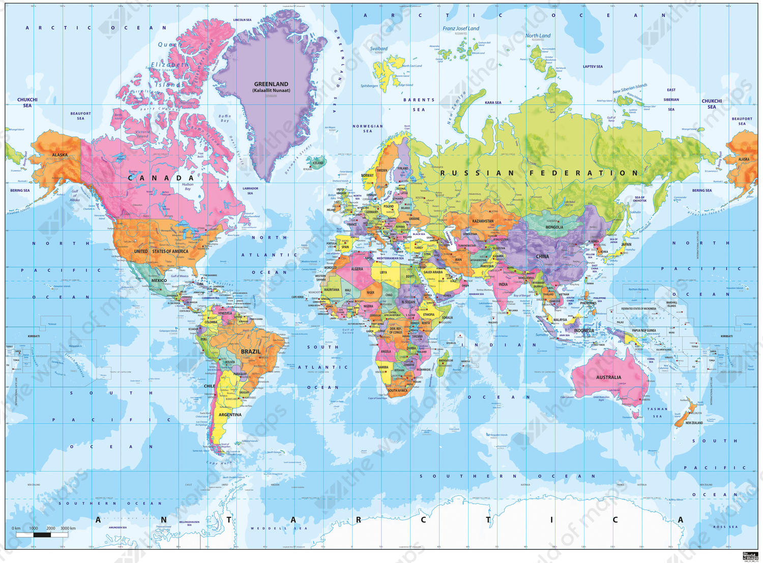 Political world map colourful