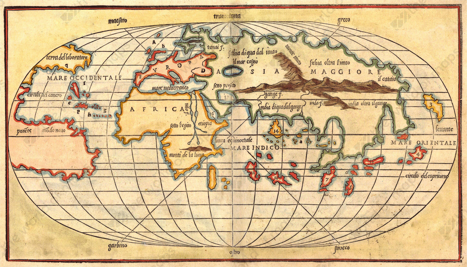 Digital World Map Year 1528 Bordone The World of