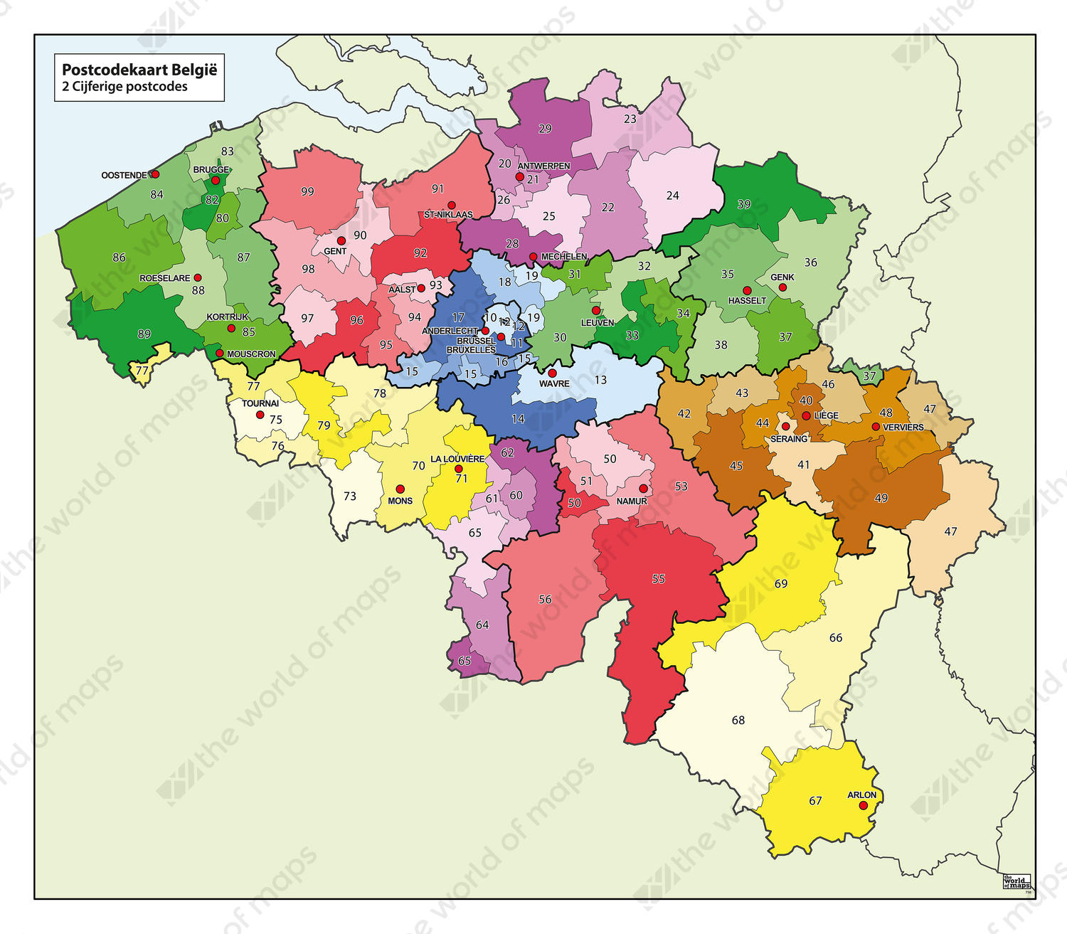 Digital 1 and 2-digit Postcode Map Belgium 750