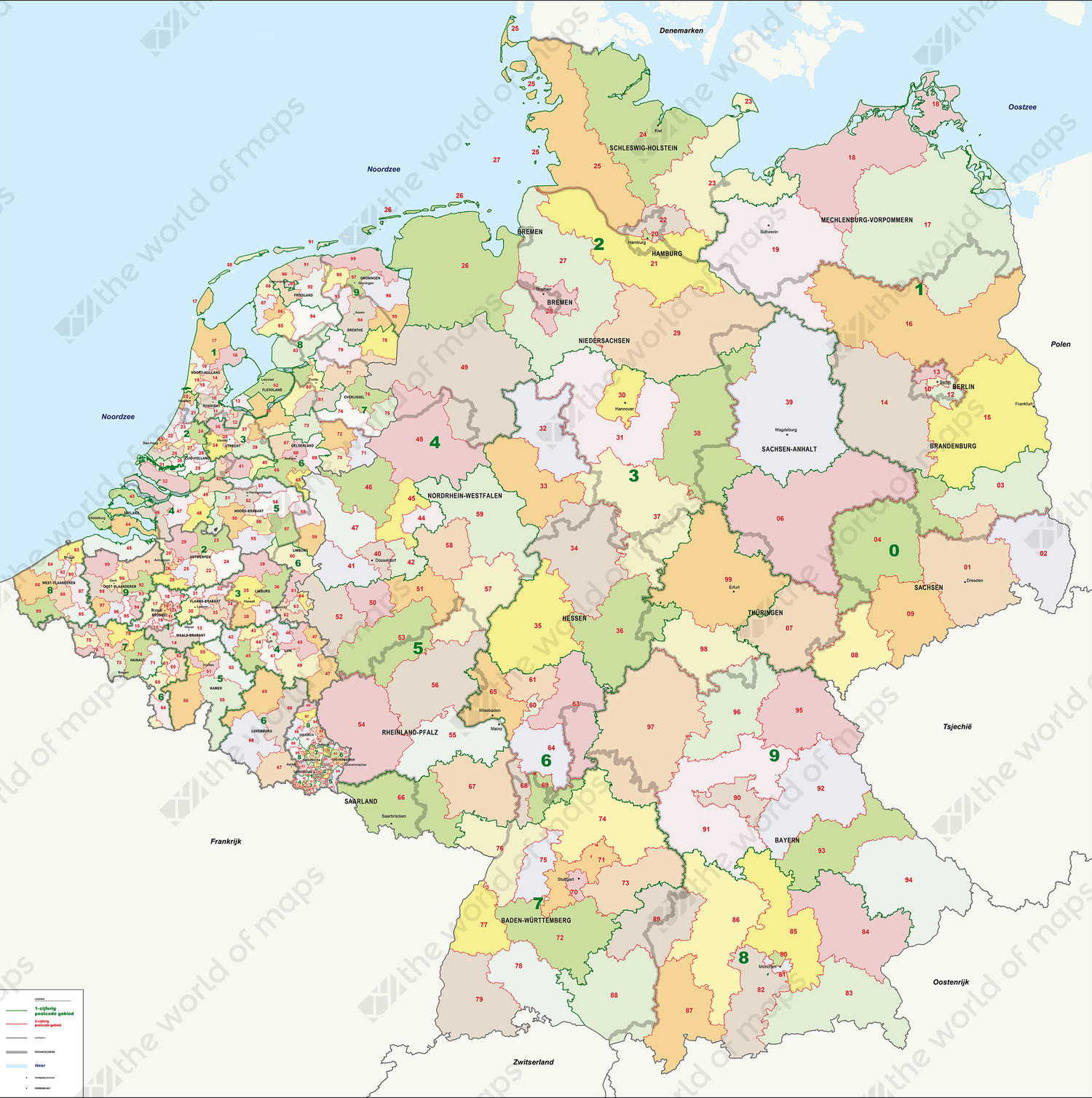 Digital Postal code map Benelux + Germany 1 and 2 digit