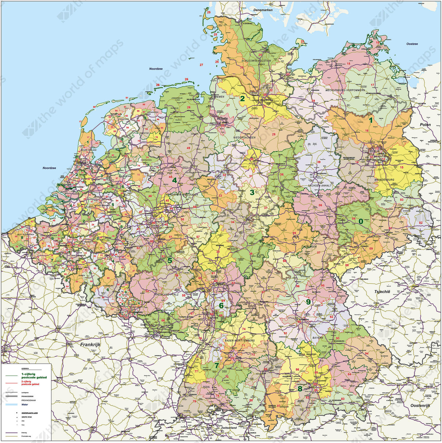 Digital postcode map Benelux + Germany 1- and 2-digit with roads