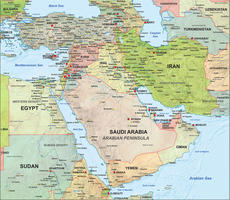 Digital map Middle East political with relief