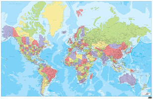 Political world map with many cities